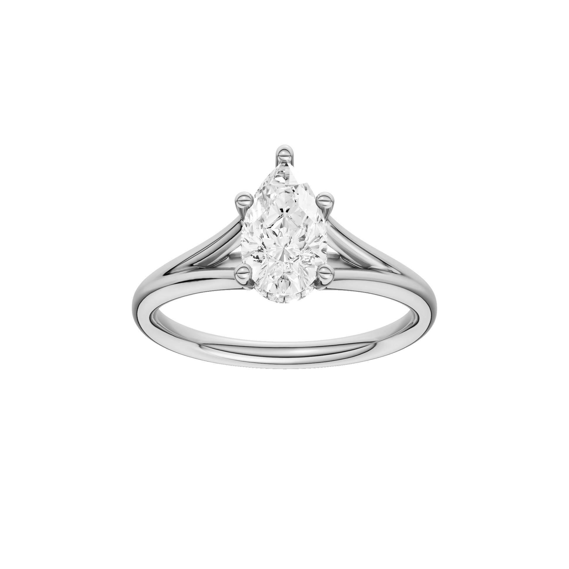 Pear-cut diamond engagement ring with a plain band and hidden-halo setting.
