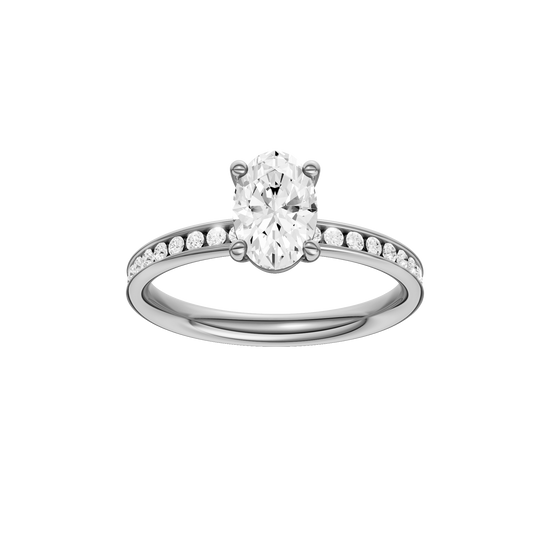 Oval-cut diamond engagement ring with a channel-set diamond band and solitaire setting.