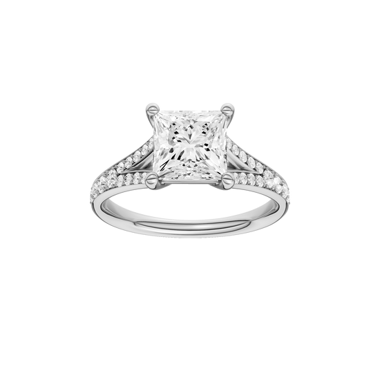 Princess-cut diamond engagement ring with a channel-set diamond band and solitaire setting.