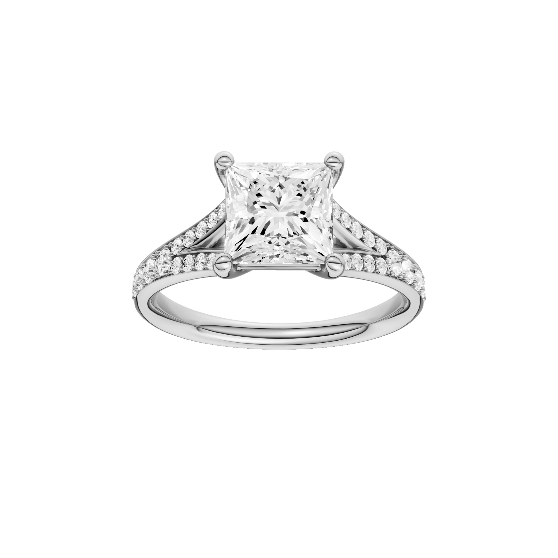 Princess-cut diamond engagement ring with a channel-set diamond band and solitaire setting.