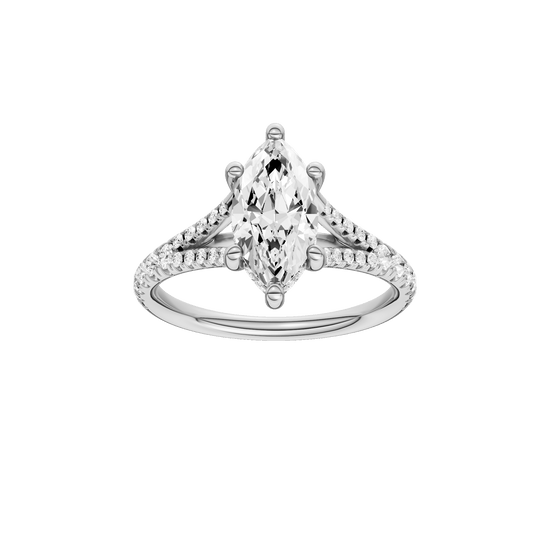Marquise-cut diamond engagement ring with a prong-set diamond band and hidden-halo setting.