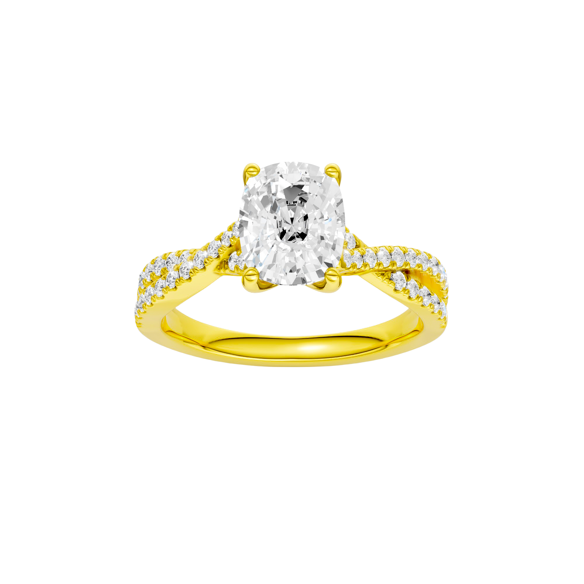Elongated cushion-cut diamond engagement ring in 14k yellow gold with a prong-set diamond band and cathedral setting