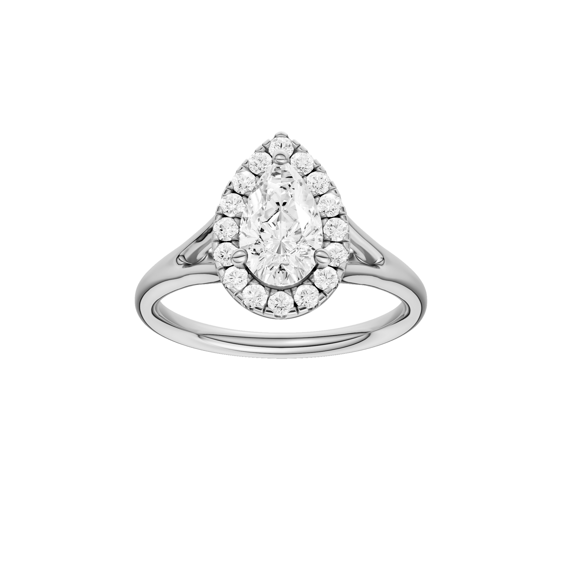 Pear-cut diamond engagement ring with a plain band and halo setting.