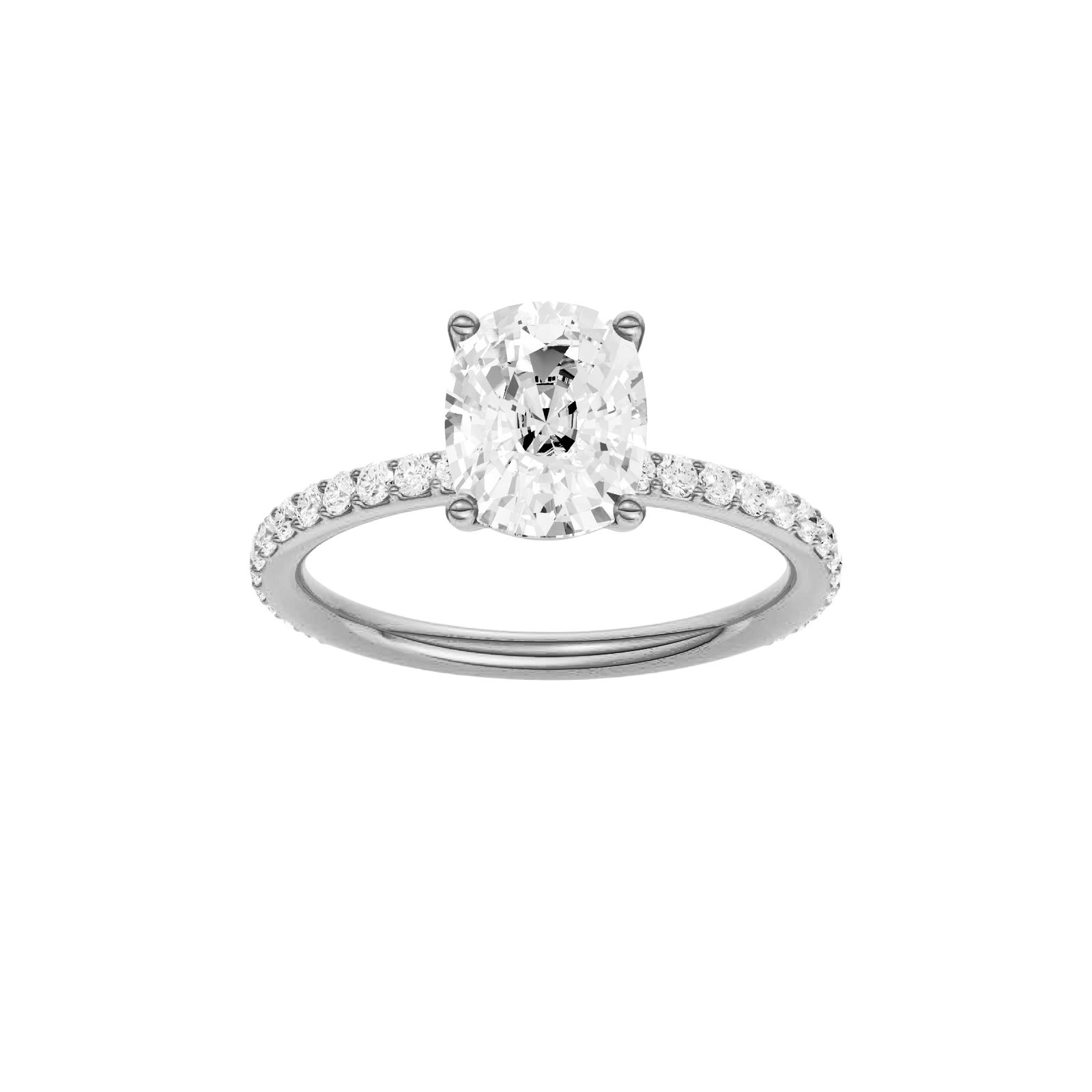 Elongated cushion-cut diamond engagement ring with a prong-set diamond band and solitaire setting.