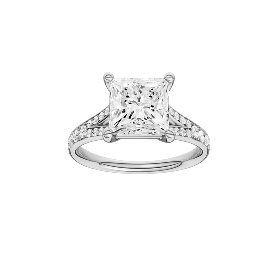 Princess-cut diamond engagement ring with a channel-set diamond band and solitaire setting.