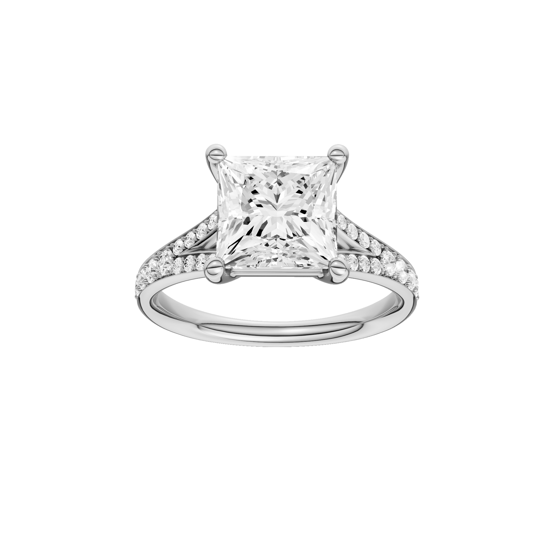 Princess-cut diamond engagement ring with a channel-set diamond band and solitaire setting.