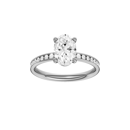 Oval-cut diamond engagement ring with a channel-set diamond band and solitaire setting.