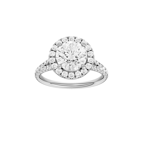 Round-cut diamond engagement ring with a prong-set diamond band and halo setting.