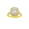 Emerald-cut diamond engagement ring with a prong-set diamond band and double-halo setting.