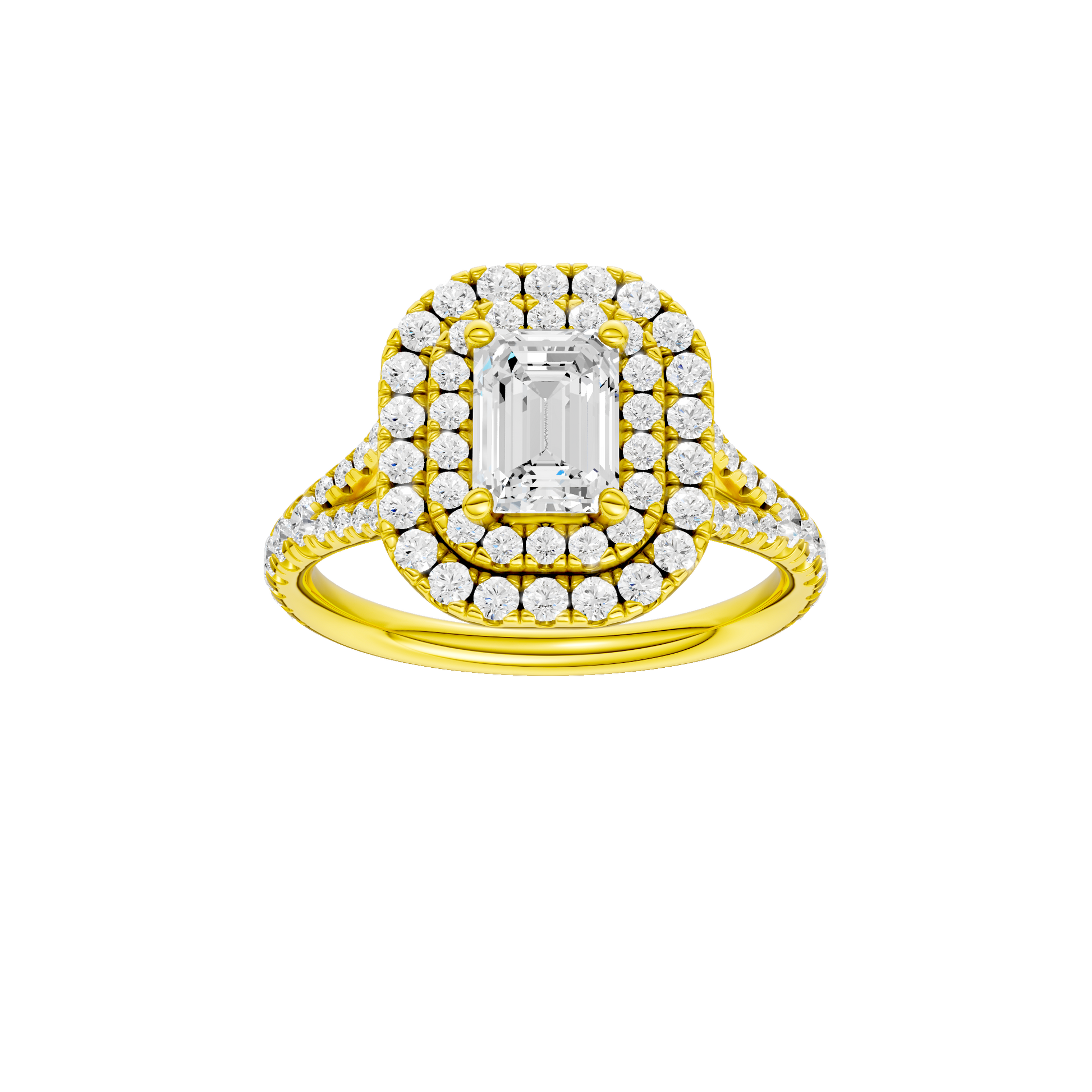 Emerald-cut diamond engagement ring with a prong-set diamond band and double-halo setting.
