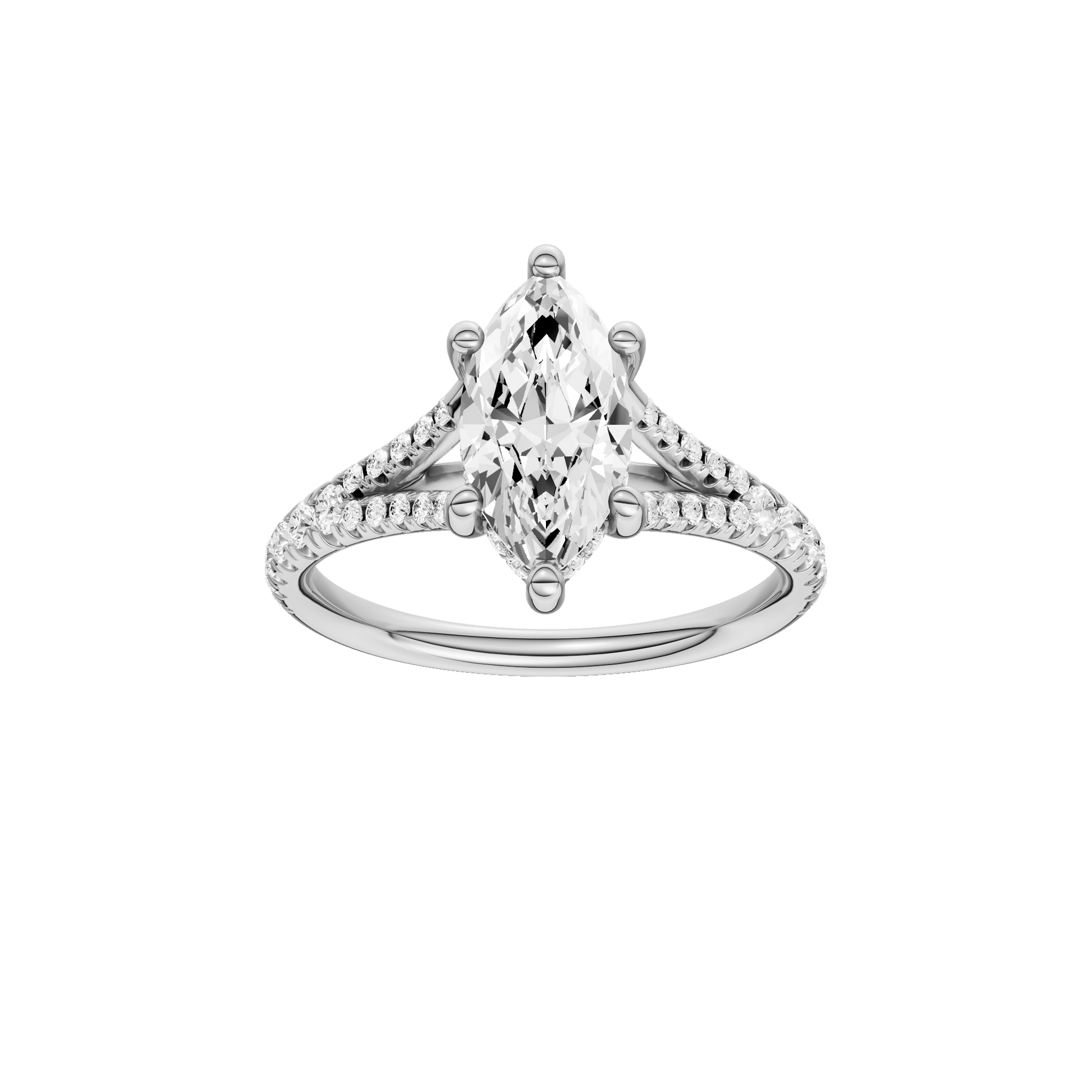 Marquise-cut diamond engagement ring with a prong-set diamond band and hidden-halo setting.
