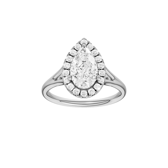 Pear-cut diamond engagement ring with a plain band and halo setting.