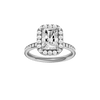 Radiant-cut diamond engagement ring with a channel-set diamond band and halo setting.