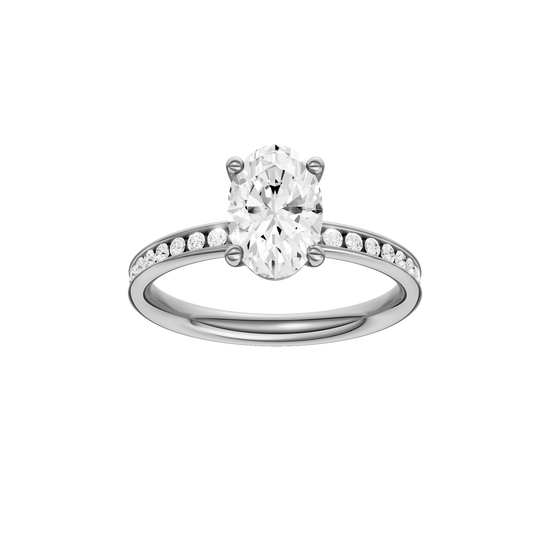 Oval-cut diamond engagement ring with a channel-set diamond band and solitaire setting.