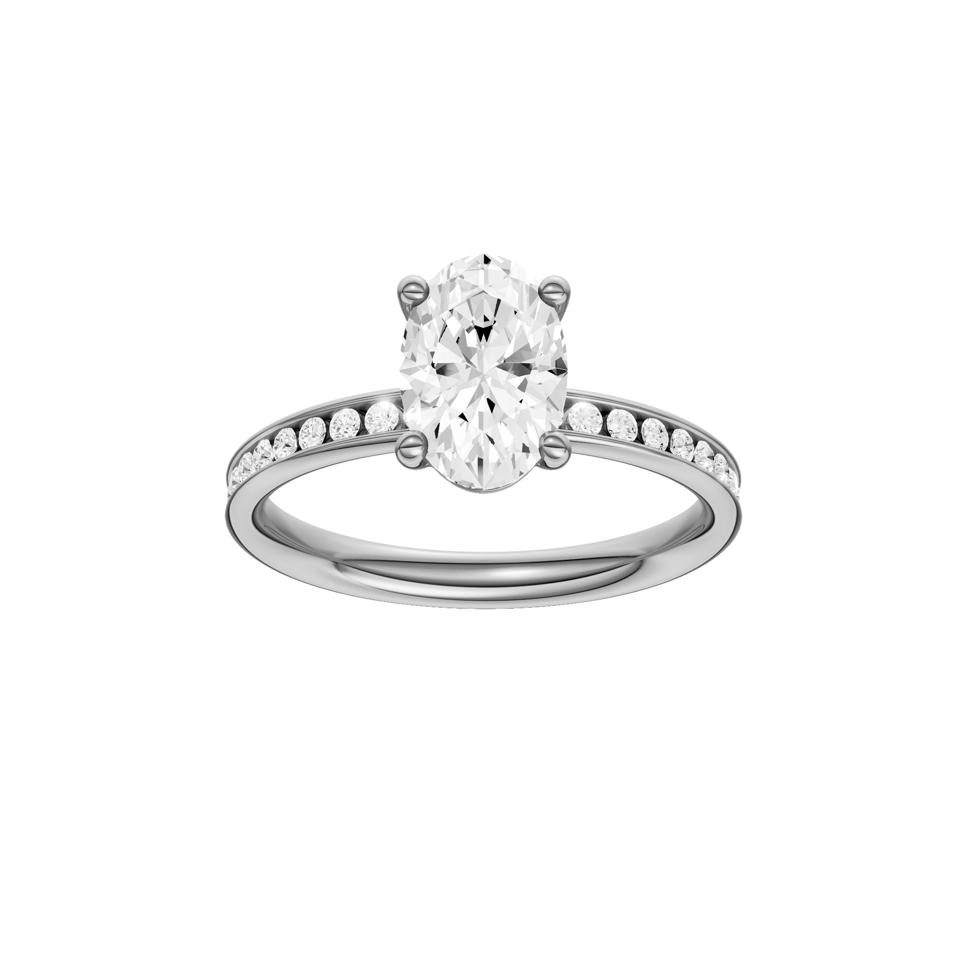 Oval-cut diamond engagement ring with a channel-set diamond band and solitaire setting.