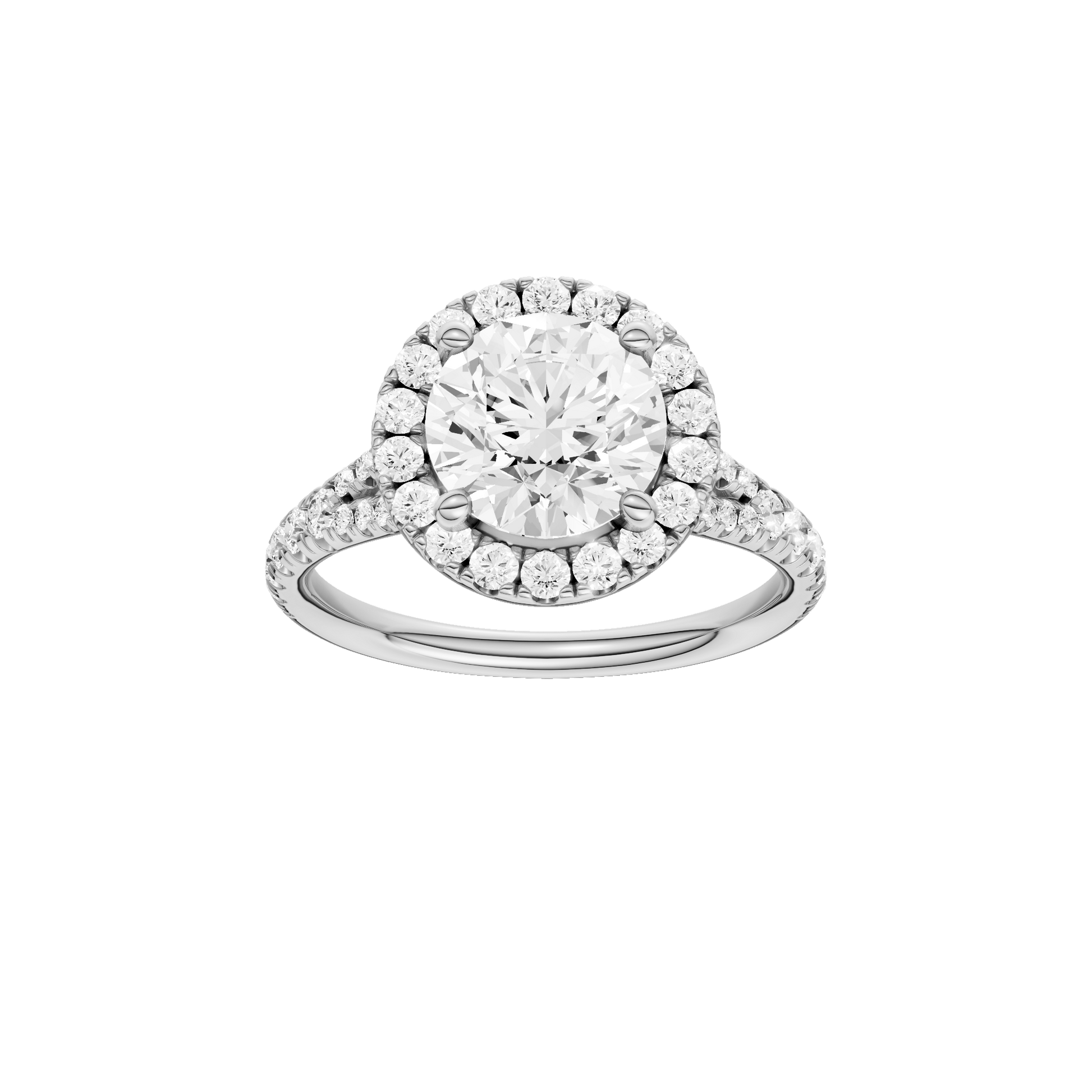 Round-cut diamond engagement ring with a prong-set diamond band and halo setting.