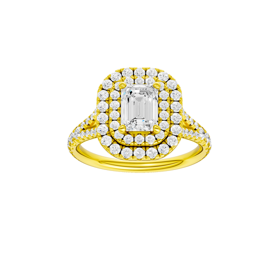 Emerald-cut diamond engagement ring with a prong-set diamond band and double-halo setting.