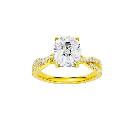 Elongated cushion-cut diamond engagement ring in 14k yellow gold with a prong-set diamond band and cathedral setting