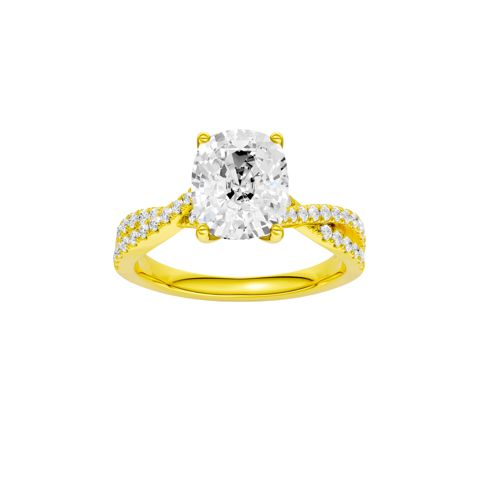 Elongated cushion-cut diamond engagement ring in 14k yellow gold with a prong-set diamond band and cathedral setting