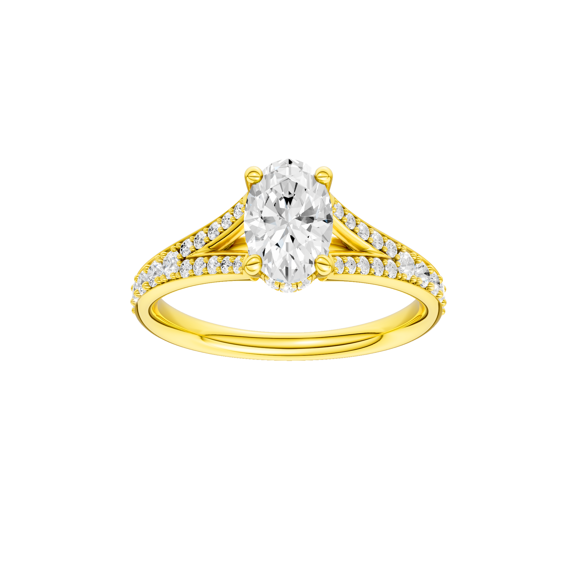 Oval-cut diamond engagement ring with a channel-set diamond band and hidden-halo setting.