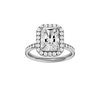 Radiant-cut diamond engagement ring with a channel-set diamond band and halo setting.
