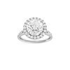 Round-cut diamond engagement ring with a prong-set diamond band and halo setting.