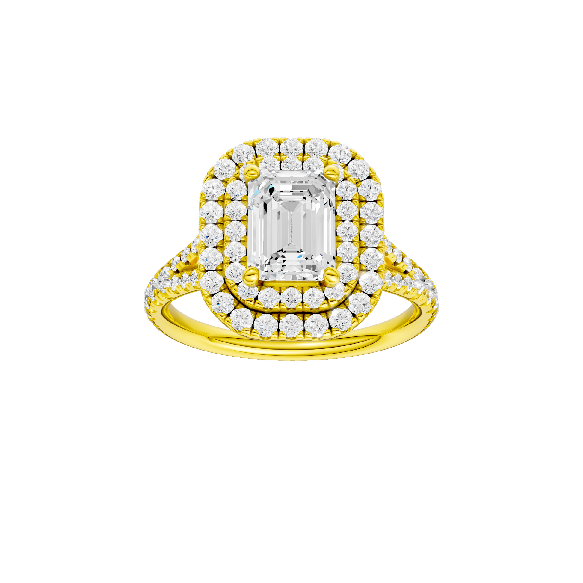 Emerald-cut diamond engagement ring with a prong-set diamond band and double-halo setting.