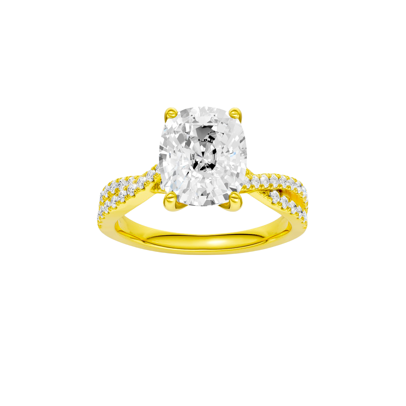Elongated cushion-cut diamond engagement ring in 14k yellow gold with a prong-set diamond band and cathedral setting