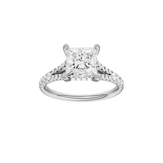 Princess-cut diamond engagement ring with a prong-set diamond band and hidden-halo setting.