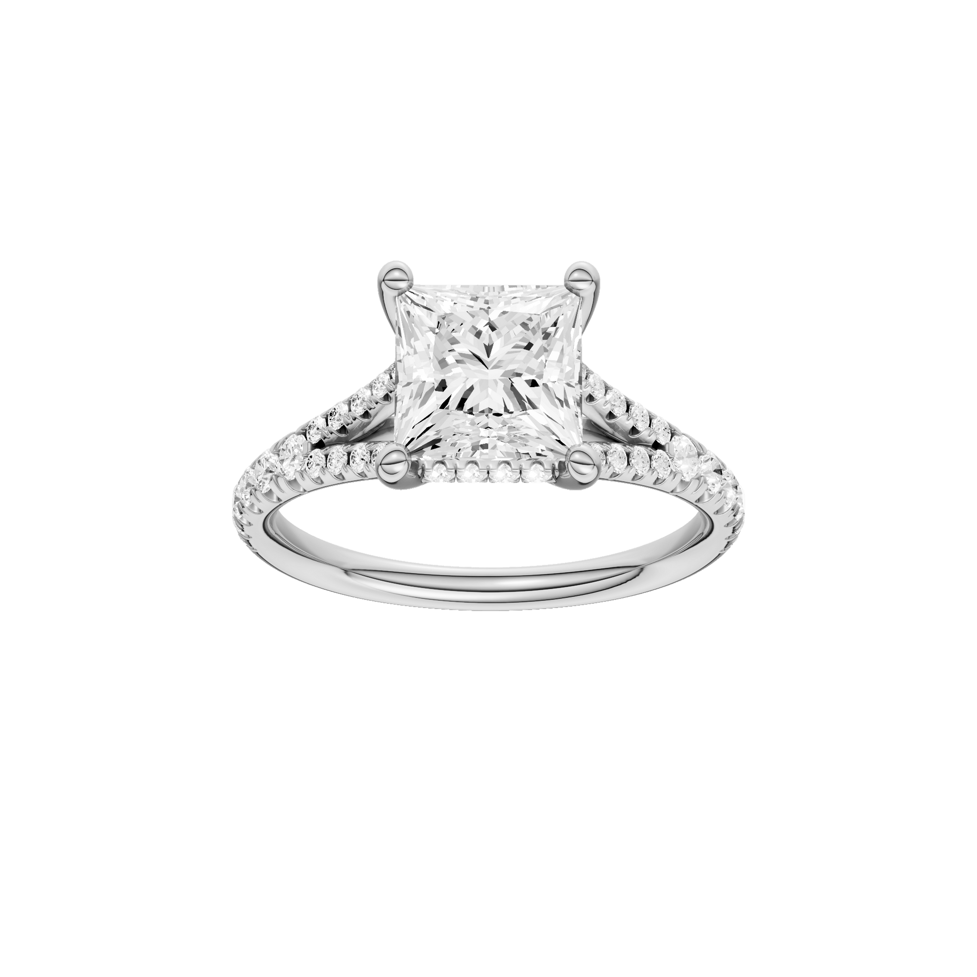 Princess-cut diamond engagement ring with a prong-set diamond band and hidden-halo setting.