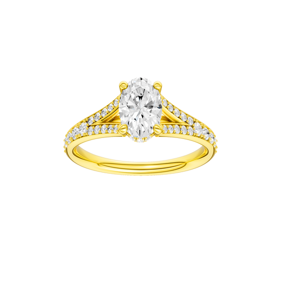 Oval-cut diamond engagement ring with a channel-set diamond band and hidden-halo setting.