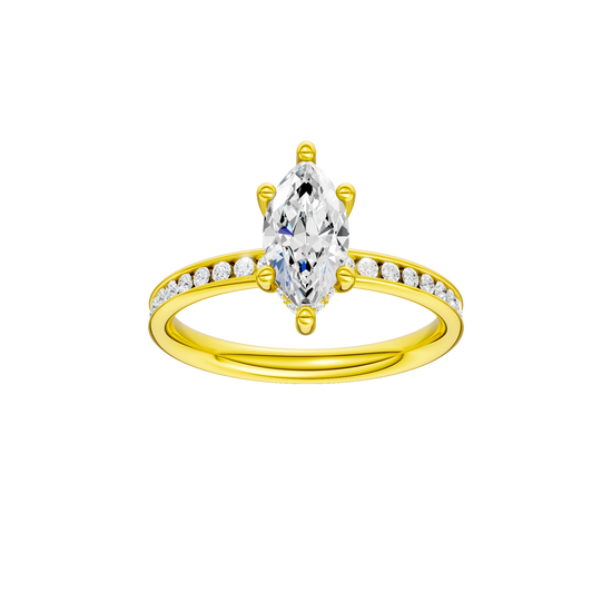 Marquise-cut diamond engagement ring with a channel-set diamond band and hidden-halo setting.