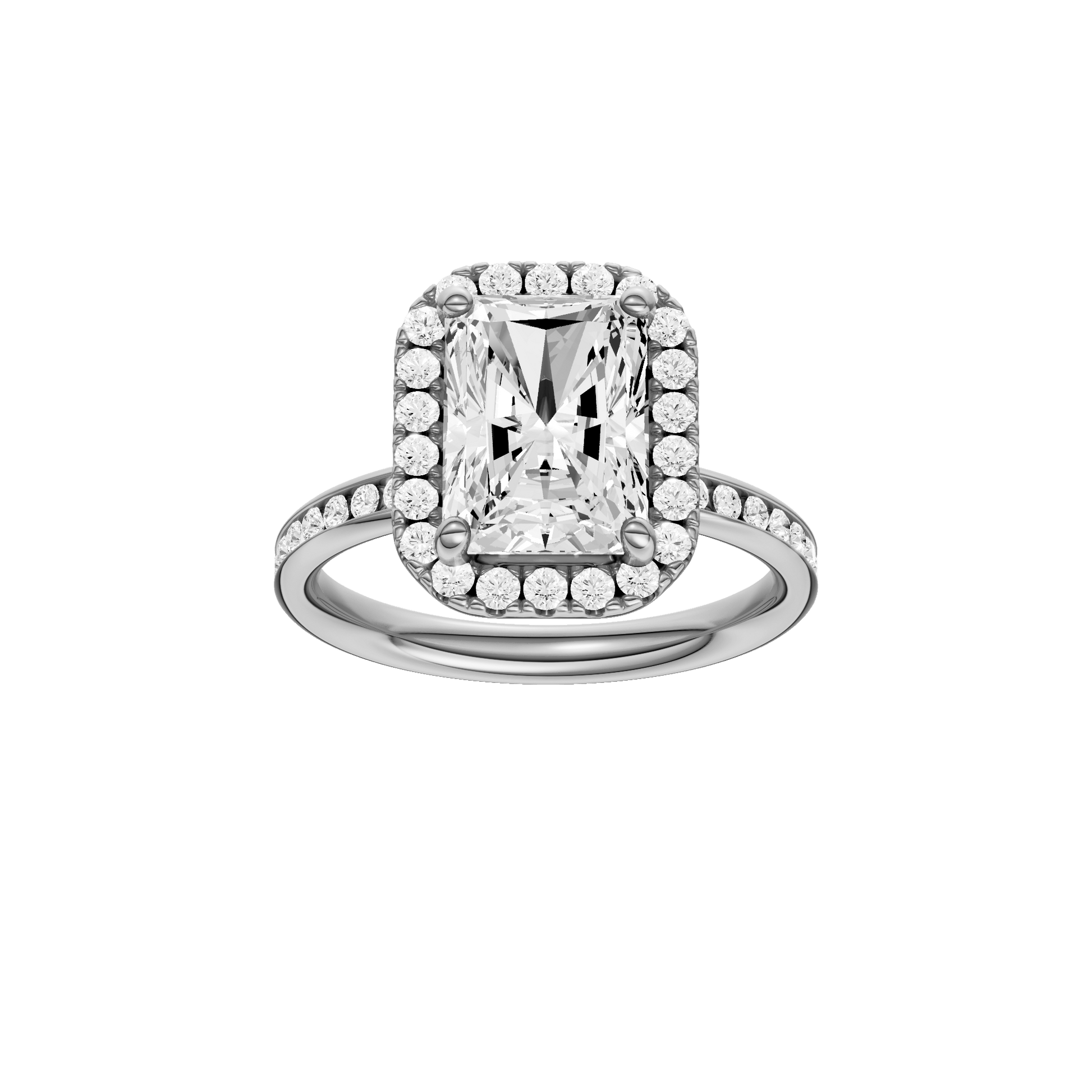 Radiant-cut diamond engagement ring with a channel-set diamond band and halo setting.