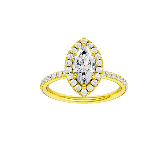Marquise-cut diamond engagement ring with a prong-set diamond band and halo setting.