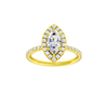 Marquise-cut diamond engagement ring with a prong-set diamond band and halo setting.