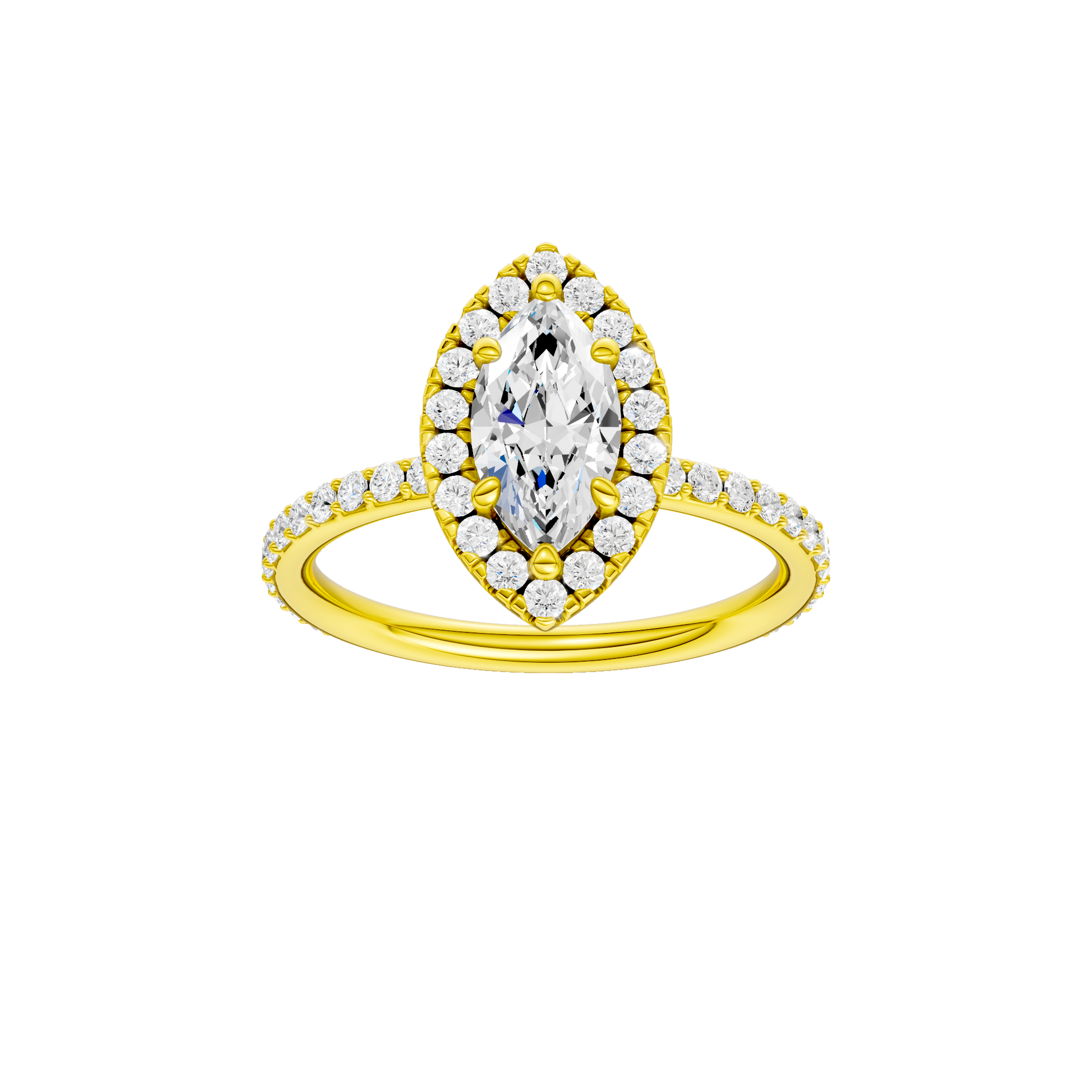 Marquise-cut diamond engagement ring with a prong-set diamond band and halo setting.