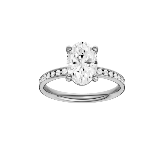 Oval-cut diamond engagement ring with a channel-set diamond band and solitaire setting.