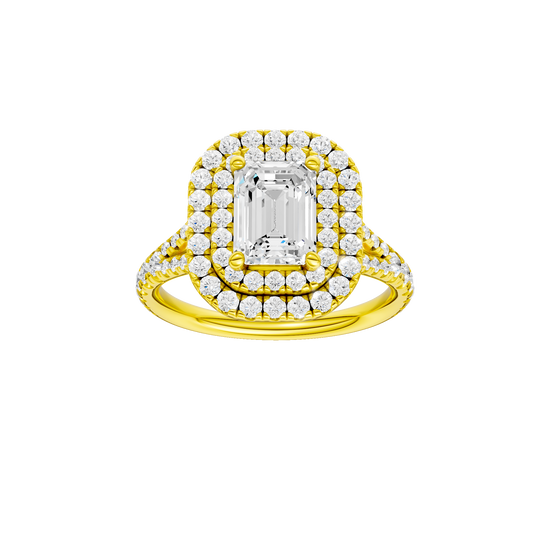 Emerald-cut diamond engagement ring with a prong-set diamond band and double-halo setting.