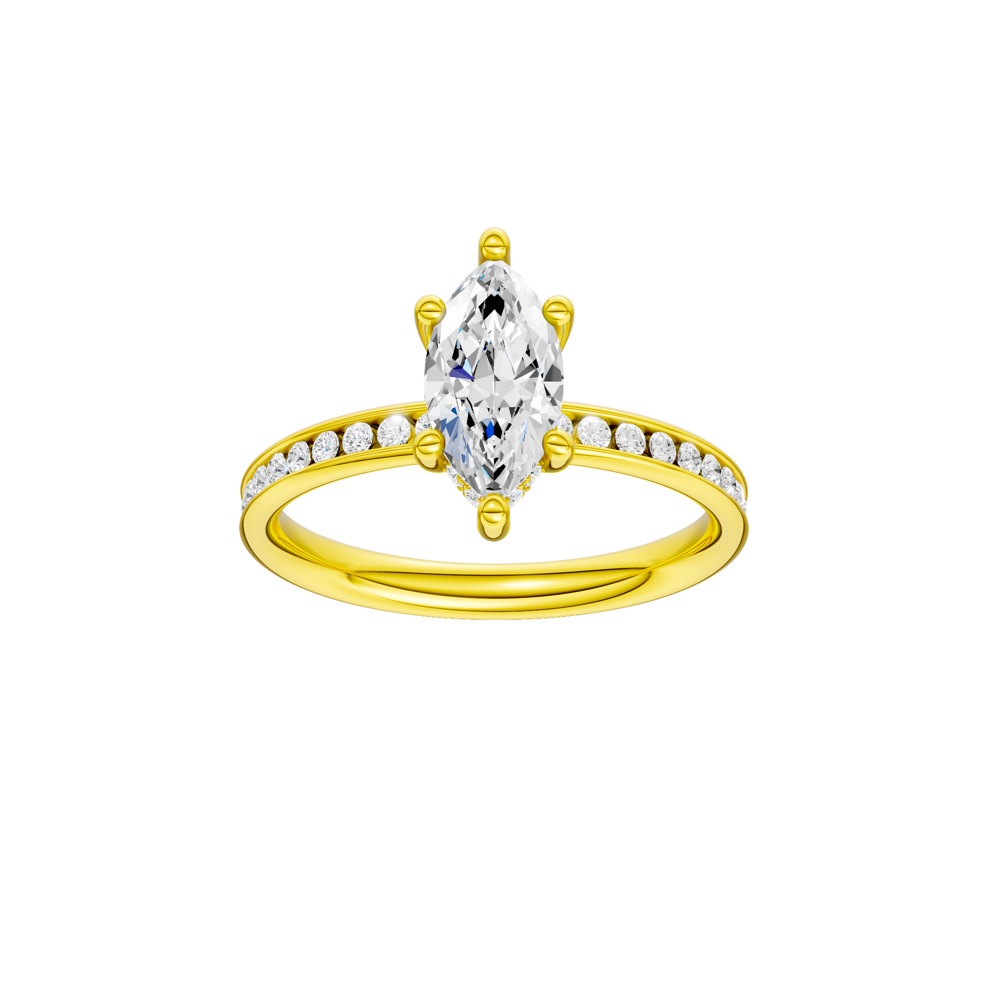 Marquise-cut diamond engagement ring with a channel-set diamond band and hidden-halo setting.