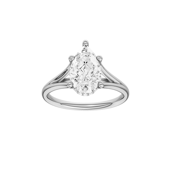 Pear-cut diamond engagement ring with a plain band and hidden-halo setting.