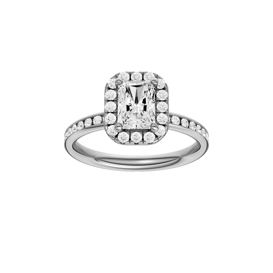 Radiant-cut diamond engagement ring with a channel-set diamond band and halo setting.
