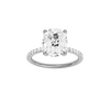 Elongated cushion-cut diamond engagement ring with a prong-set diamond band and solitaire setting.