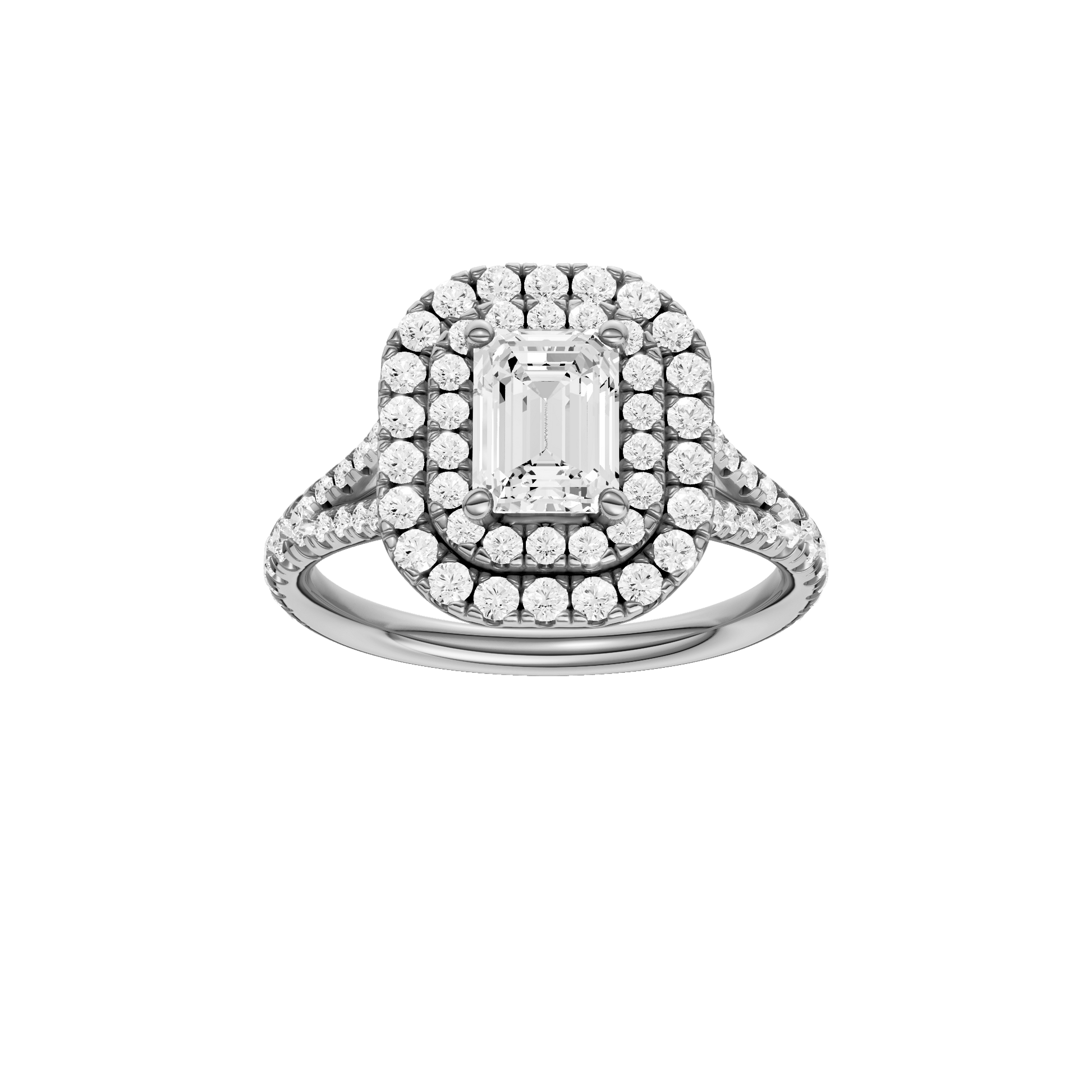 Emerald-cut diamond engagement ring with a prong-set diamond band and double-halo setting.