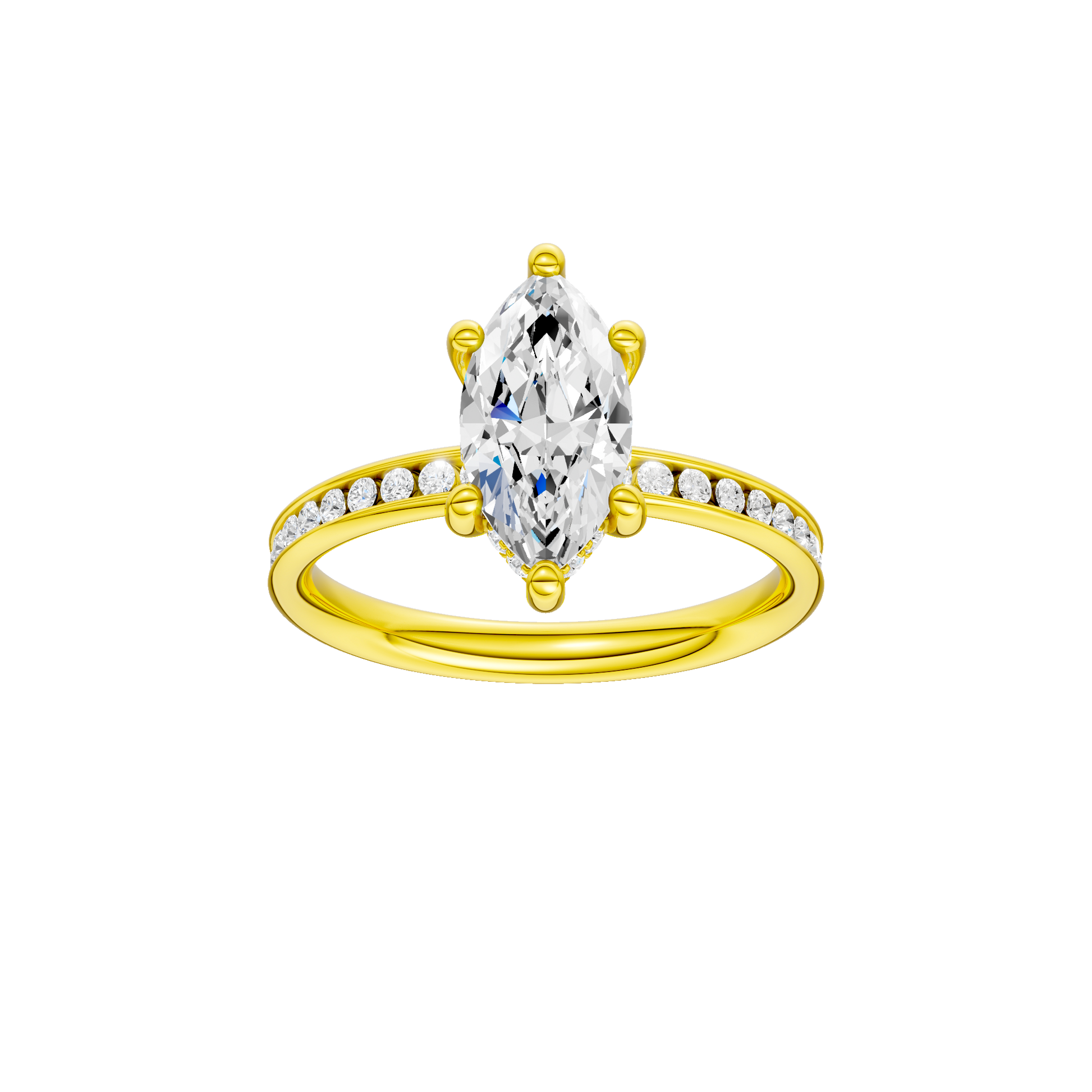 Marquise-cut diamond engagement ring with a channel-set diamond band and hidden-halo setting.