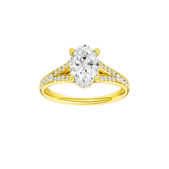 Oval-cut diamond engagement ring with a channel-set diamond band and hidden-halo setting.