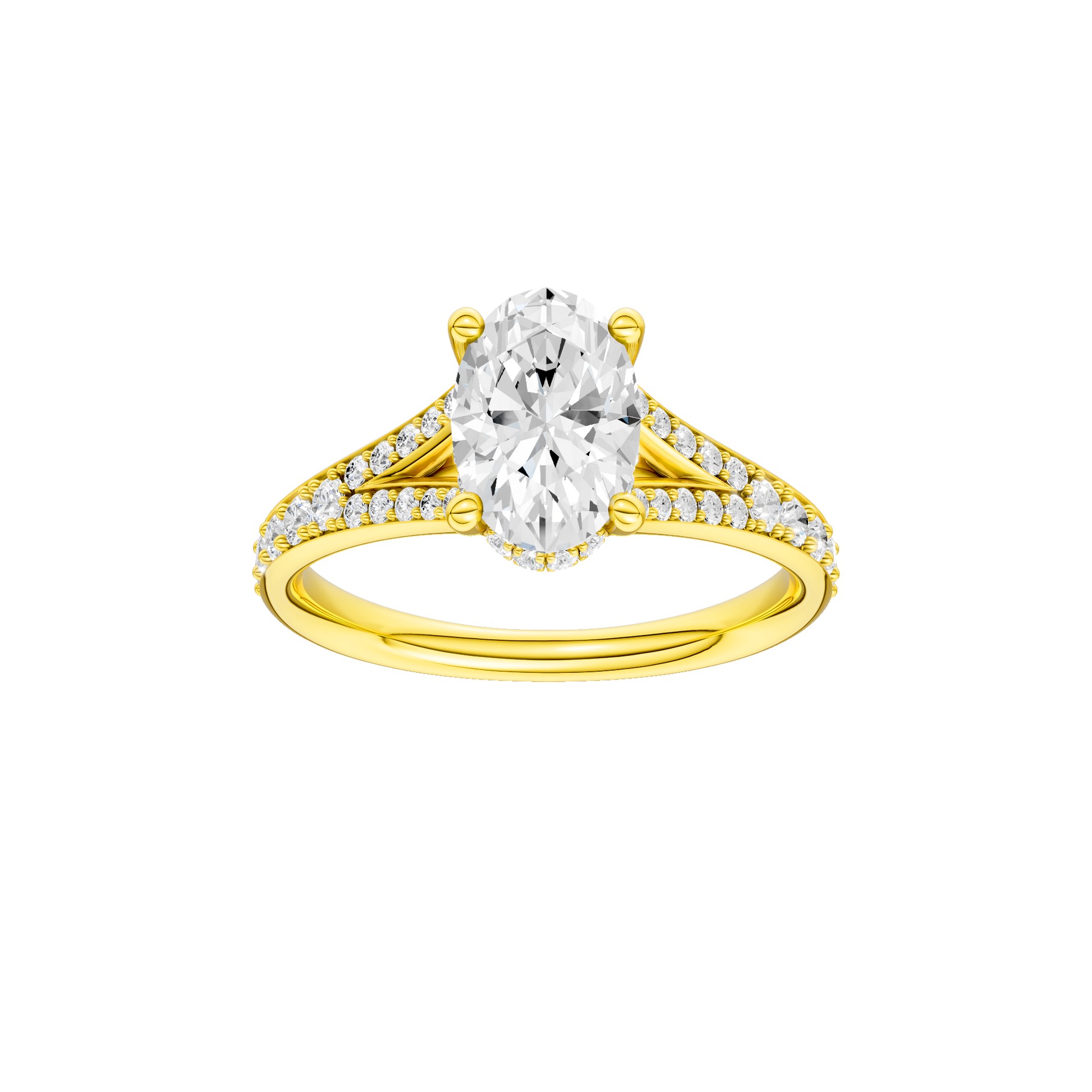 Oval-cut diamond engagement ring with a channel-set diamond band and hidden-halo setting.