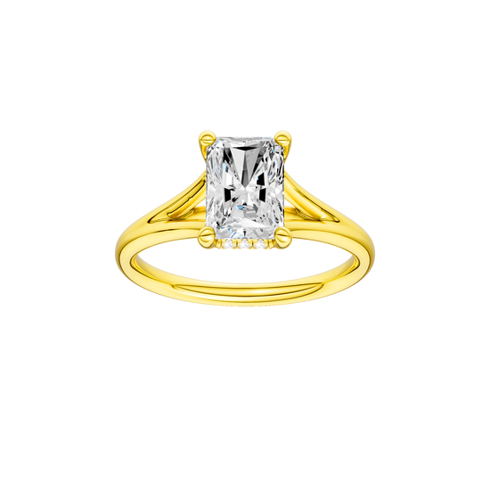 Radiant-cut diamond engagement ring with a plain band and hidden-halo setting.