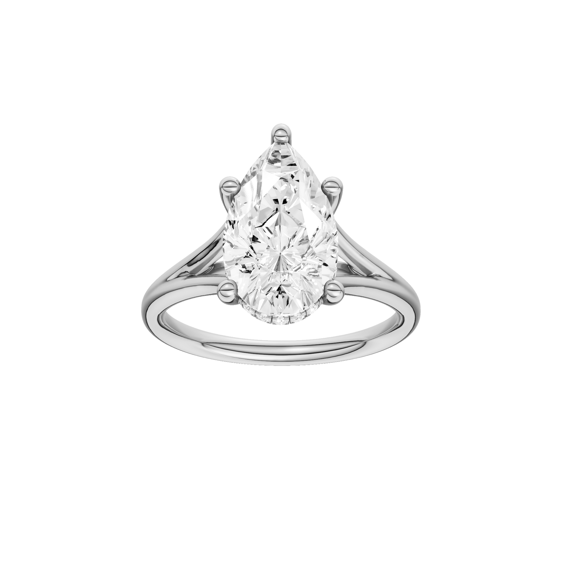 Pear-cut diamond engagement ring with a plain band and hidden-halo setting.