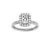 Radiant-cut diamond engagement ring with a channel-set diamond band and halo setting.
