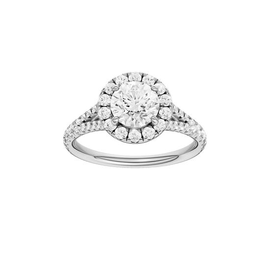 Round-cut diamond engagement ring with a prong-set diamond band and halo setting.